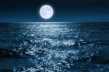 This large full blue moon rises brightly over the calm ocean creating sparkles across the waves  - 445195908