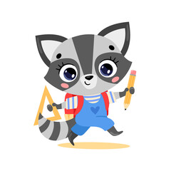 Obraz na płótnie Canvas Vector flat doodle illustration of a cute cartoon raccoon going to school. Animals back to school