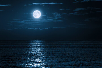 This large full blue moon rises brightly over the cloud bank in this calm ocean - 445195974