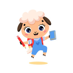 Vector flat doodle illustration of a cute cartoon sheep going to school. Animals back to school