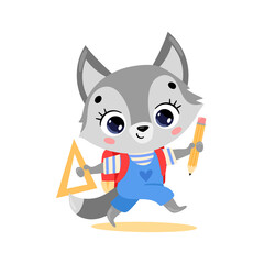 Vector flat doodle illustration of a cute cartoon wolf going to school. Animals back to school