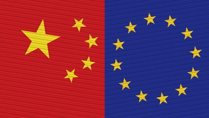 European Union and China Two Half Flags Together Fabric Texture Illustration