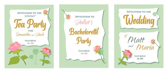 An invitation to a wedding, a summer tea party, a wedding. A postcard and an invitation. A card and an envelope. Holiday and celebration. Party and bachelorette party. Fun at dinner. A dinner party