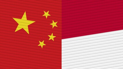 Indonesia and China Two Half Flags Together Fabric Texture Illustration