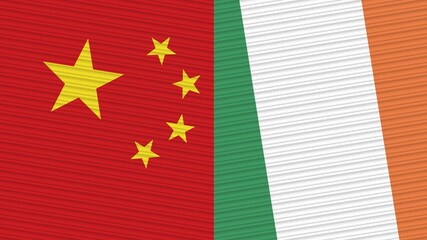 Ireland and China Two Half Flags Together Fabric Texture Illustration