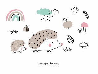 Vector card with cute hedgehog. Flat style print for kids. Mom and baby hedgehog. Mother's Day card. Cute little hedgehog  © NadezdaBarkova