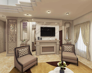 Interior living room design in modern and contemporary style with comfortable armchair and back wall ornament decoration