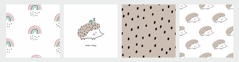 Vector card with cute hedgehog. Flat style print for kids. Mom and baby leopard. Mother's Day card. Cute little hedgehog  © NadezdaBarkova