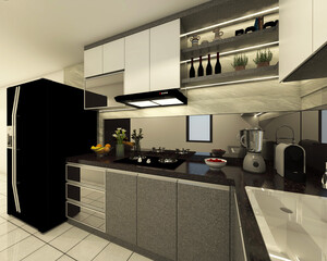 interior kitchen design in modern and industrial style with minimalist cabinet and lighting decoration 