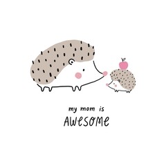 Vector card with cute hedgehog. Flat style print for kids. Mom and baby leopard. Mother's Day card. Cute little hedgehog  © NadezdaBarkova