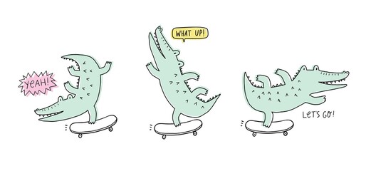 Cute cartoon hand drawn crocodile. Vector illustration with character silhouette alligator. Crocodile on skateboard 