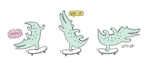 Nettes gezeichnetes Krokodil der Karikatur Hand. Vektor-Illustration mit Charakter-Silhouette-Alligator. Krokodil auf Skateboard © NadezdaBarkova