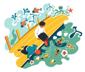 Children playing by garden with pond with koi fish