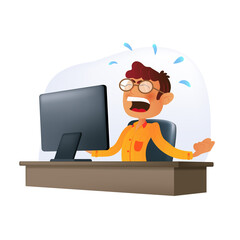 Shouting and irritated businessman character at the desk behind the monitor. Vector illustration of a cartoon freelancer or employee in eyeglasses with annoyed emotion isolated on a white background