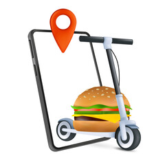 Fast food home delivery concept with an electric kick scooter, phone and classic burger. A modern way of delivering. 3d icon. Cartoon vector illustration of online order isolated on a white background