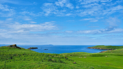 Fototapeta na wymiar Handa Island in the Highlands with the Old Man of Stoer in the distance