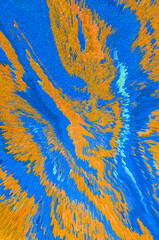 Abstract bright fluid blue and orange background. Art trippy digital backdrop. Vibrant banner. Template. Water wave with 3D extrusion effect. Rock. Marble texture. Vertical creative flyer. Wallpaper.
