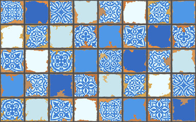 Portuguese azulejo vintage ceramic tile pattern. Old grunge background with chipped enamel tile. Italian pottery or spanish majolica.