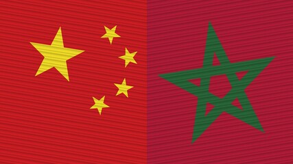 Morocco and China Two Half Flags Together Fabric Texture Illustration