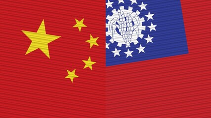 Myanmar Burma and China Two Half Flags Together Fabric Texture Illustration