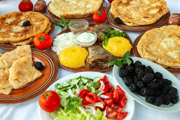 Homemade Romanian Food with grilled fish, polenta, pies, vegetables with red wine. Platter on camping.