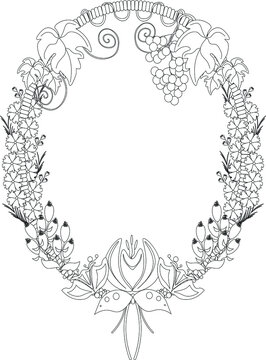 Wreath of flowers vector black outline. Flower conrour line. Wreath outline printable. Wreath outline coloring page and image. Floral wreath outline and template. Circle wreath of lower black outline 