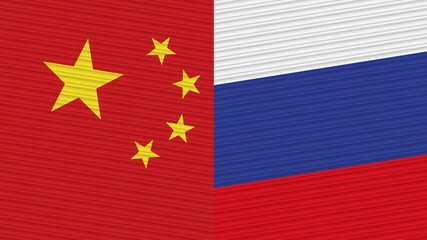 Russia and China Two Half Flags Together Fabric Texture Illustration