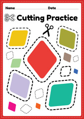 Cutting activity for toddlers for preschool kids to cut the paper with scissors to improve motor skills, coordination and develop small muscles for kindergarten children in a printable page.