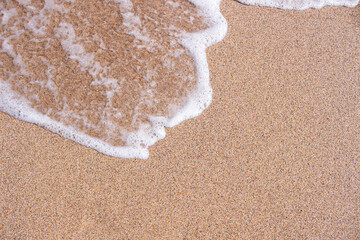 Fototapeta na wymiar Background of a sandy beach with a sea wave. Foam from a wave on the sand. A foamy ocean wave on a seashell beach