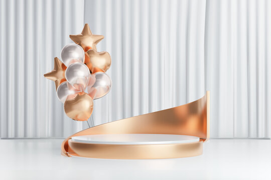 3D rendering background. White gold cylinder stage podium with gold balloon heart star on white curtain background.