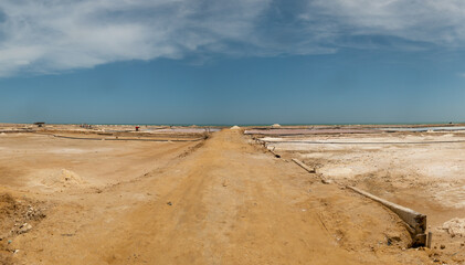Panoramic View of Manaure, Colombia's Most Important Maritime Salt Slats, with Pink and Blue Sky Waters