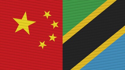 Tanzania and China Two Half Flags Together Fabric Texture Illustration