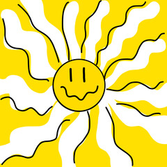Cartoon linear doodle retro happy sun isolated on white background. Emoji. Summer emoticon. Vector illustration
