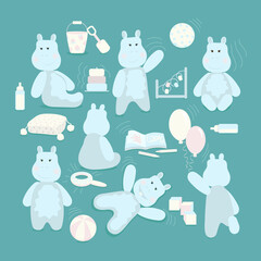Vector cartoon  hippo baby with playthings.