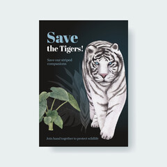 Poster template with international tiger day concept,watercolor style