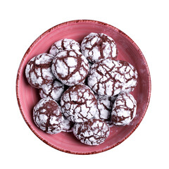 Fototapeta premium Chocolate crinkle cookies in the ceramic bowl isolated on white