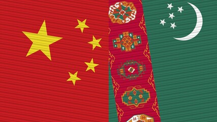 Turkmenistan and China Two Half Flags Together Fabric Texture Illustration