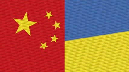 Ukraine and China Two Half Flags Together Fabric Texture Illustration
