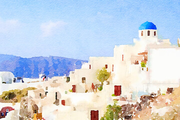 Watercolor drawing picture landscpe view of small town at santorini,Oia at Greece. - obrazy, fototapety, plakaty