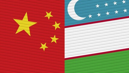 Uzbekistan and China Two Half Flags Together Fabric Texture Illustration