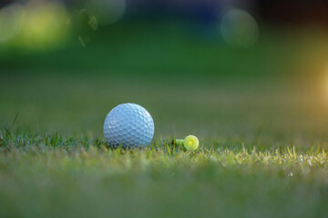 Golf ball and tee on green lawn in a beautiful golf course with morning sunshine.