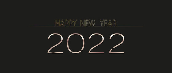 HAPPY NEW YEAR 2022 glittering numbers logo on black background. One line lettering minimalist style in Yellow and Pink gold colour.Vector illustration elegant design for holiday banner