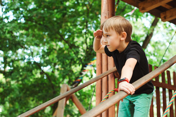 Obraz premium Boy playing in a tree house and looking into the distance. Kid enjoying his time in adventure park on summer day. Summer activities for kids.