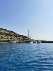 Seashore with boats in Turkey. Kusadasi