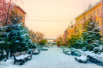 Snowy street during Christmas. Vladivostok, Russia.