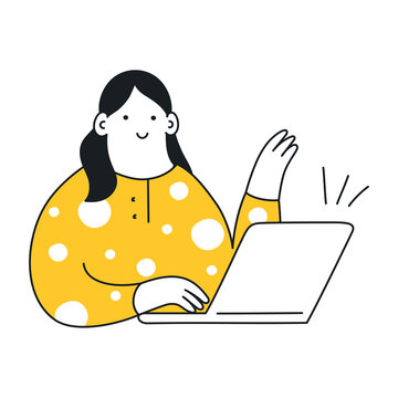 Woman working with a laptop in her cozy workplace. She waves her hand towards the screen. Joyful delightful workday. Thin line elegant vector illustration on white background.