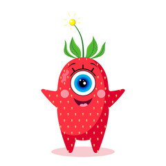 Strawberry one-eyed character on a white background