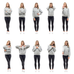 Obraz premium Collage of young pretty women in cozy home wear with various negative expressions and gestures. Full body people isolated on white background