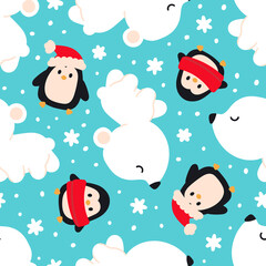 seamless pattern with polar bears and penguins on a blue background. Winter New Year background