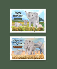 Facebook template with elephant funning concept,watercolor style